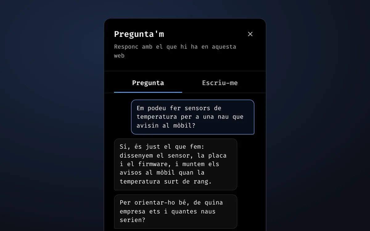 L'assistent d'aquesta web responent a qui pregunta per uns sensors de temperatura per a una nau