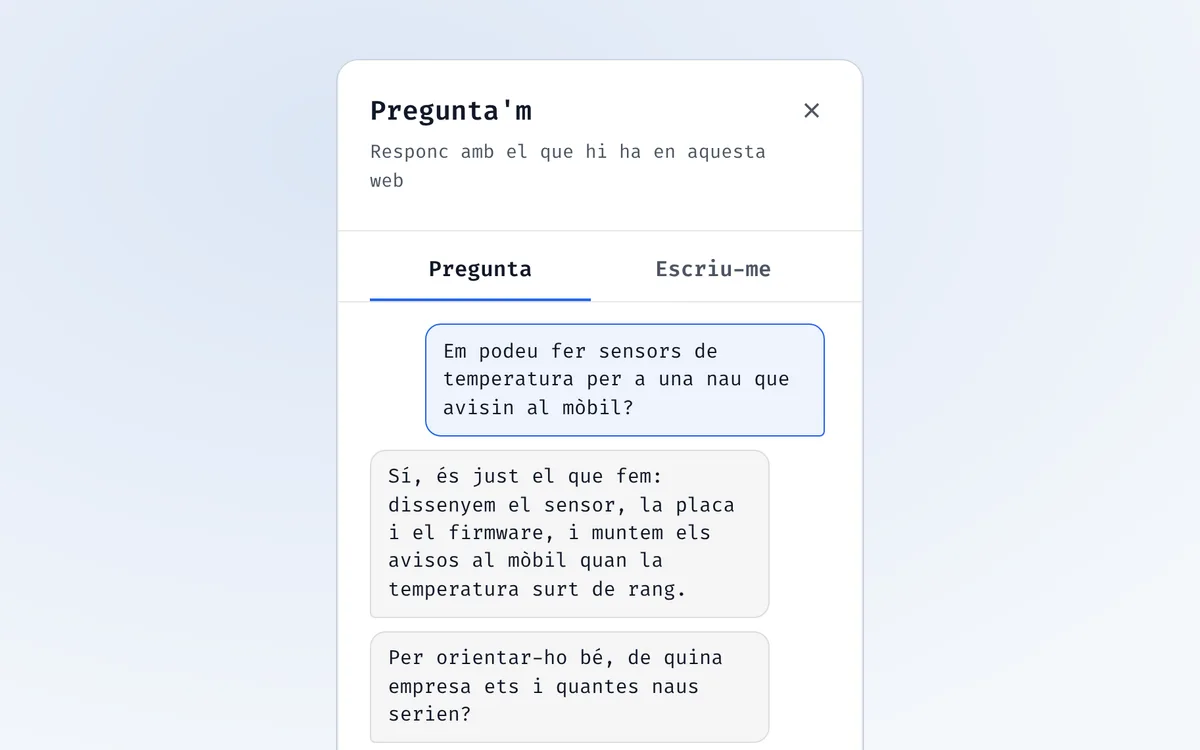 L'assistent d'aquesta web responent a qui pregunta per uns sensors de temperatura per a una nau