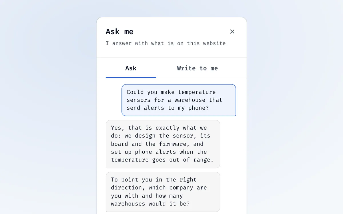 This website's assistant answering someone who asks about temperature sensors for a warehouse