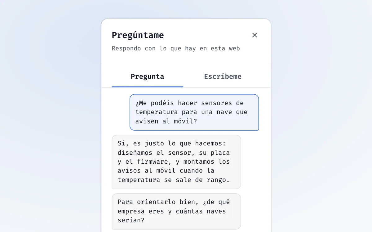 El asistente de esta web contestando a quien pregunta por unos sensores de temperatura para una nave