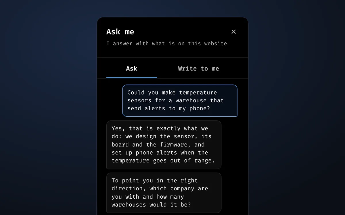 This website's assistant answering someone who asks about temperature sensors for a warehouse