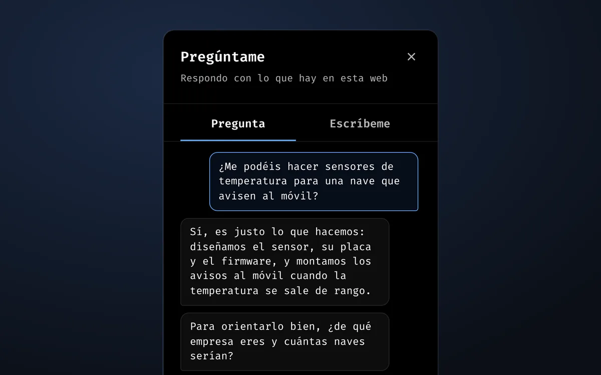 El asistente de esta web contestando a quien pregunta por unos sensores de temperatura para una nave