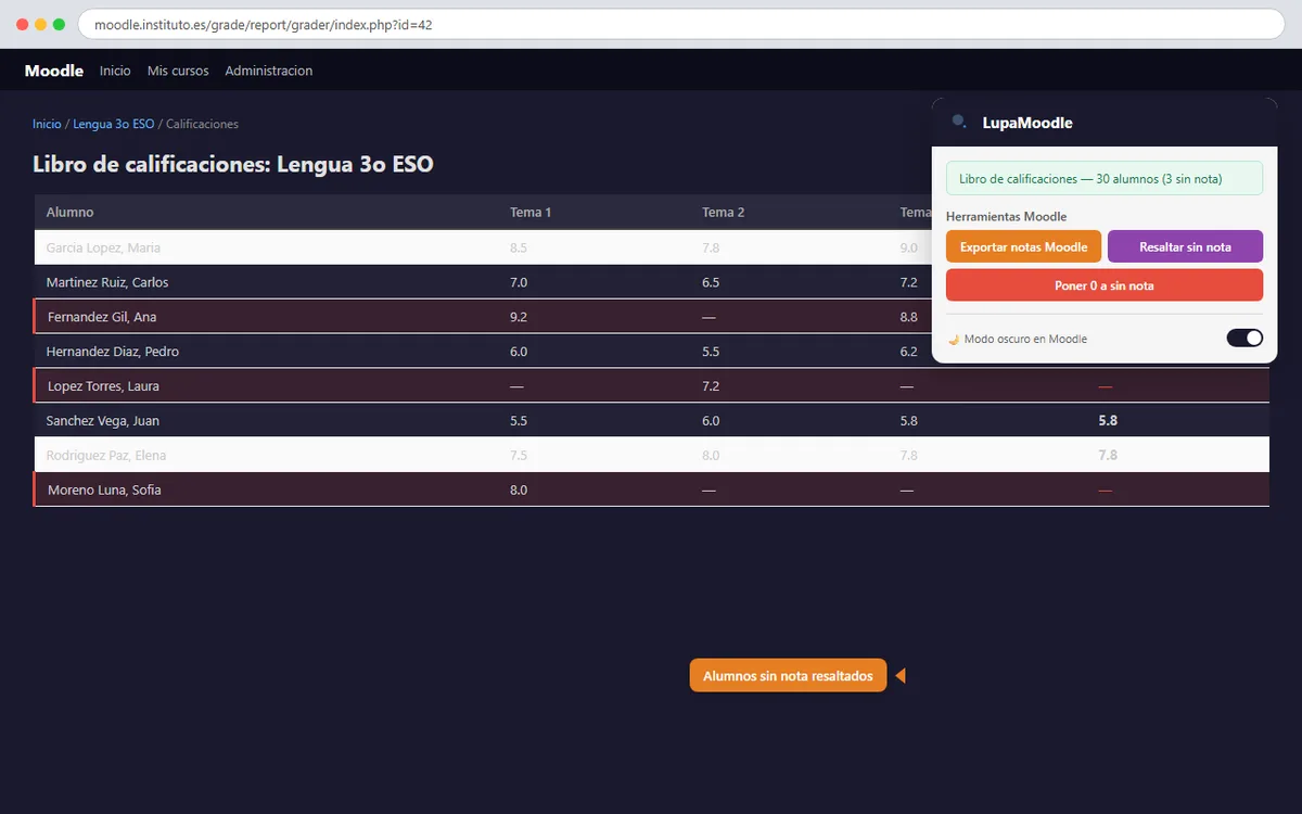 LupaMoodle, extensión propia para Firefox, sobre un libro de calificaciones de Moodle: la tabla de notas y el panel de la extensión encima