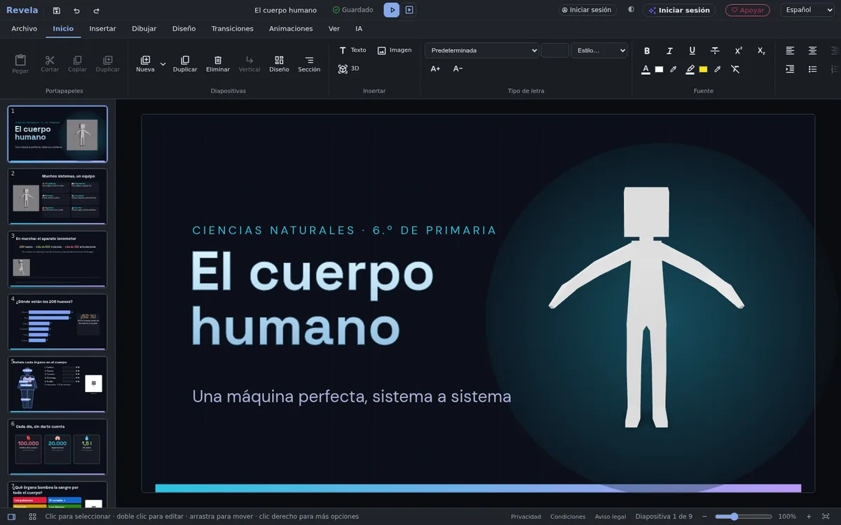 El editor de Revela con una presentación de ciencias abierta: una figura humana en 3D sobre la diapositiva y la tira de nueve diapositivas a la izquierda
