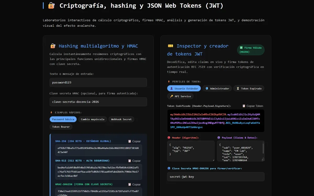IoT Toolkit: laboratorio de hashing, HMAC y tokens JWT con resultados en pantalla