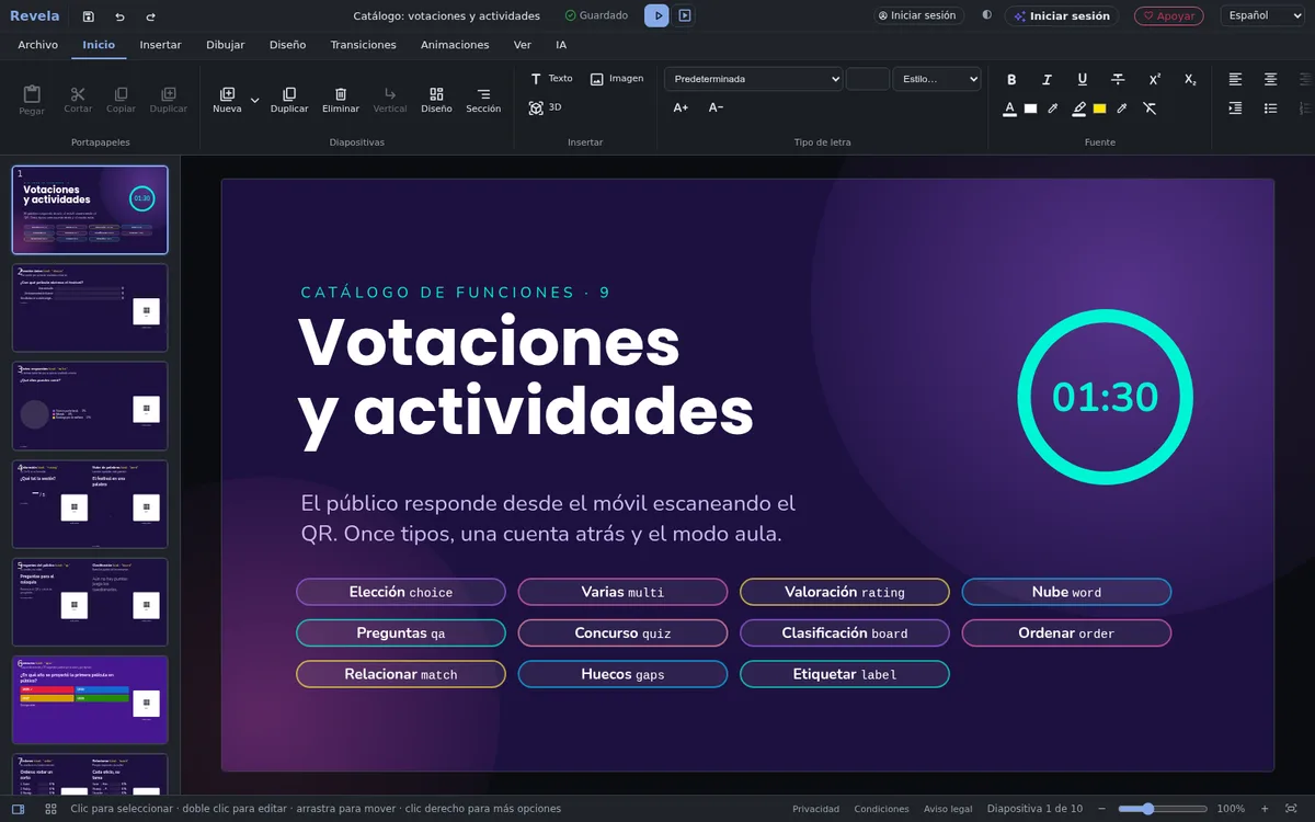 Catálogo de votaciones de Revela: los once tipos de actividad y la cuenta atrás de un minuto y medio