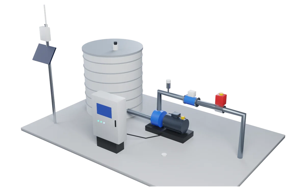 Modelo 3D de una instalación de bombeo: depósito, bomba, presión, caudalímetro, válvula motorizada, cuadro de control y pasarela LoRaWAN solar