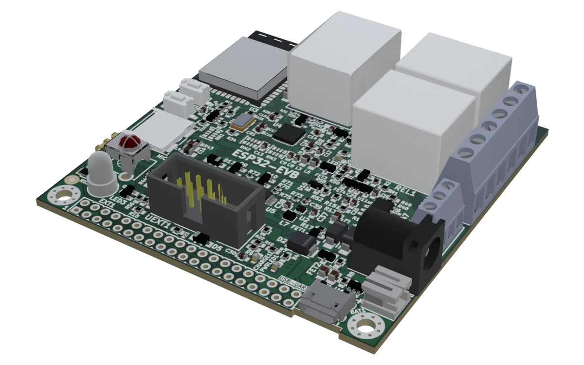 Modelo 3D de la placa ESP32-EVB de Olimex: módulo ESP32, Ethernet, dos relés y bornas