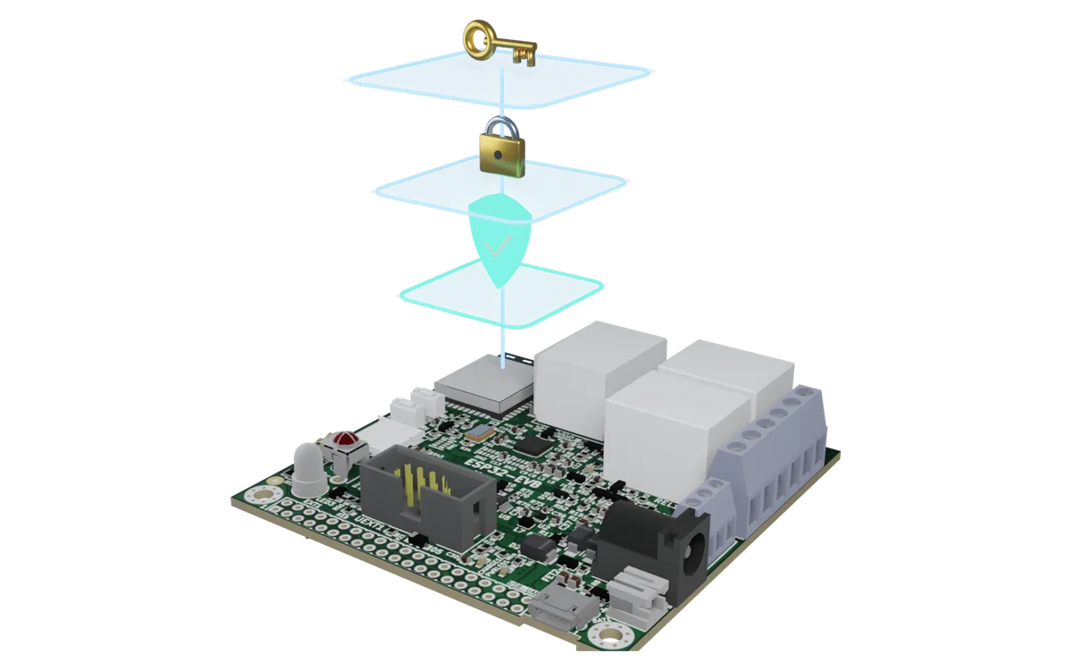 Placa ESP32-EVB en 3D con tres capas de protección sobre su ESP32: arranque verificado, flash cifrada y certificado