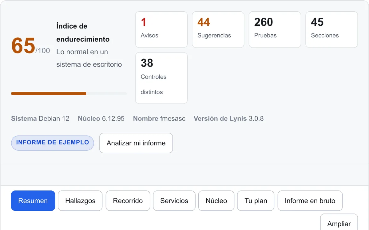 Resumen de una auditoría de Linux con Lynis: índice de endurecimiento, avisos, sugerencias y pruebas