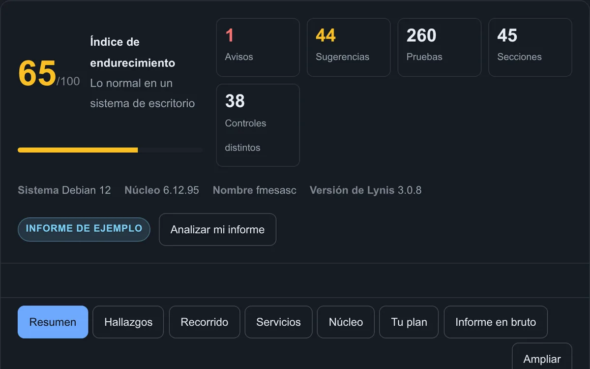 Resumen de una auditoría de Linux con Lynis: índice de endurecimiento, avisos, sugerencias y pruebas
